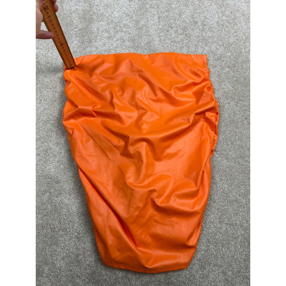 KTOO Womens Orange Faux Leather Ruched Side‎ Midi Skirt Size L ZS2712 NWT